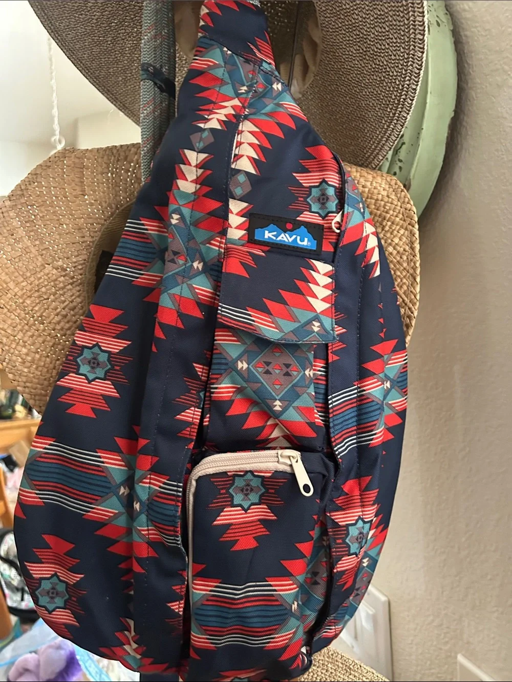Kavu Navy Sling Backpack with Red & Teal Aztec Print VGUC